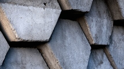 Close-up view of interlocking hexagonal concrete blocks showcasing texture and pattern against a neutral background