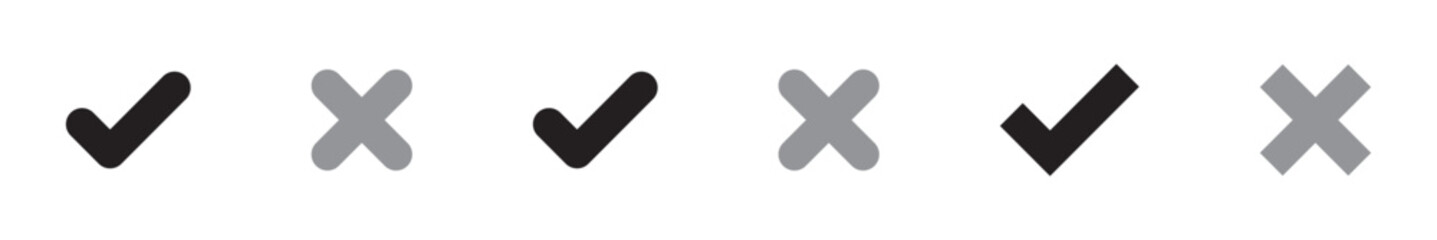 Check mark icon button set. Check box icon with right and wrong buttons and yes or no checkmark icons in green tick box and red cross. Isolated checkmark symbol, right and wrong sign concept. Icon.