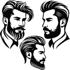 Three bearded man profiles styled with trending haircuts are shown in black vector