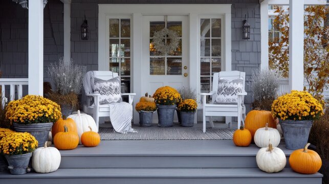 autumn front porch with pumpkins,