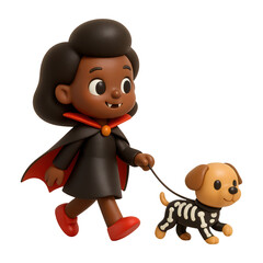 Fototapeta premium PNG Vampire child walking skeleton dog.