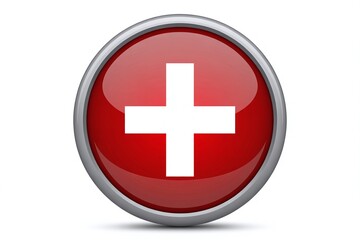 Obraz premium Glossy Red Circular 3D Icon with White Cross and Silver Border Representing Medical Healthcare Services, First Aid, and Swiss National Symbolism