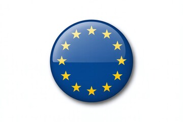 Glossy European Union Flag Circular Button with Gold Stars Representing International Unity, Economic Cooperation, Global Politics, and Member States on White Background