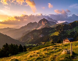 Fototapeta premium Scenic sunset over mountain range with a small building on a hillside