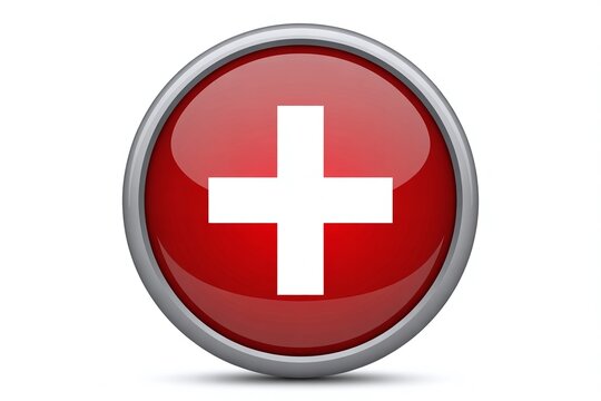 Glossy Red Circular 3D Icon with White Cross and Silver Border Representing Medical Healthcare Services, First Aid, and Swiss National Symbolism