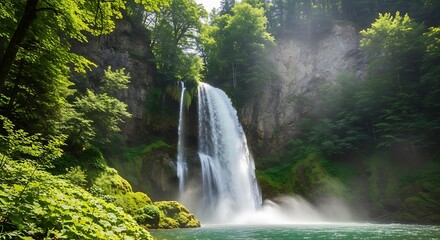 Magnificent waterfall cascading down rocks in a lush green forest