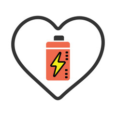 Powering with Passion: a heart-shaped outline embracing a fully charged battery icon with a lightning bolt, symbolizing vitality, energy, and unwavering passion.