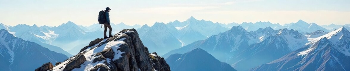 Lone Backpack on Snow-Capped Peak Adventurous Exploration in Breathtaking Mountain Landscape