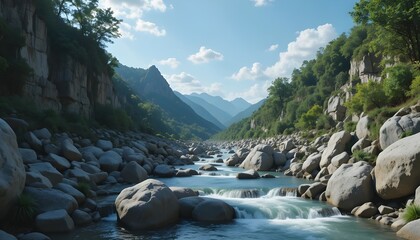 A breathtaking mountain river flowing through a rocky valley surrounded by lush greenery and towering peaks — a serene landscape capturing the pure beauty and tranquility of nature’s untamed heart