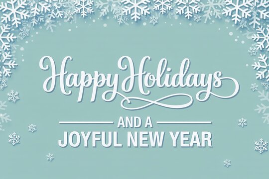 Elegant white script Happy Holidays and Joyful New Year greeting card design with delicate cascading snowflakes on soft teal background for festive winter invitations and premium holiday stationery (1