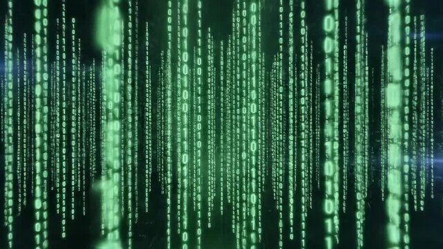 Falling green binary code streams on a black background. Digital data rain representing technology and cyberspace. Futuristic matrix style animation