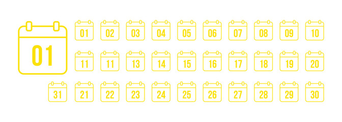 Yellow Calendar Icons Showing Numbers 01 to 31 date On Transparent Background