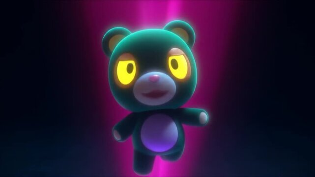 Animated cartoon bear character with glowing eyes and surreal effects