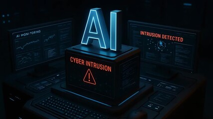 Futuristic AI interface indicating a cyber intrusion alert in a digital environment with glowing monitors and data screens. - Powered by Adobe