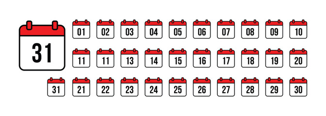 Tear off calendar pages showing numbers from 1 to 31 isolated on transparent background