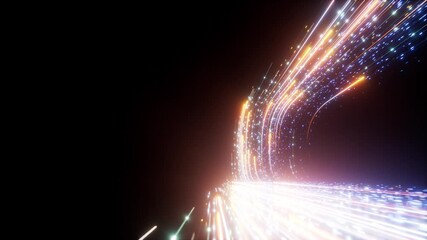 3D animation. Abstract futuristic background. A flow of glowing blue and gold neon lines sliding upwards, sparkling and leaving visible trails in the dark. A festive fireworks display on stage - Powered by Adobe