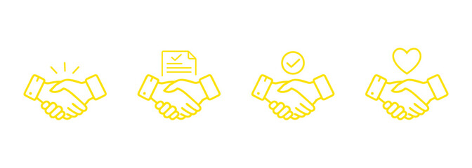 Four stylized yellow neon outline handshake icons representing agreement success and partnership isolated on transparent background
