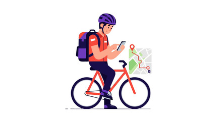 Fototapeta premium Cyclist Delivering Order with Phone and GPS Navigation in Modern Illustration Style