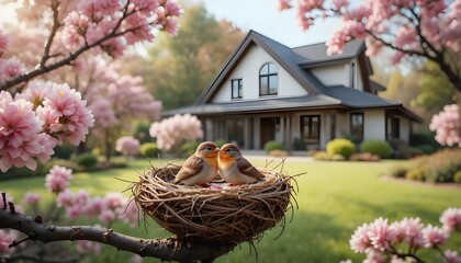 Two small birds in a nest on a blooming cherry blossom tree branch, with a beautiful house and lush green garden in the background, symbolizing love, home, and the beauty of springtime nature