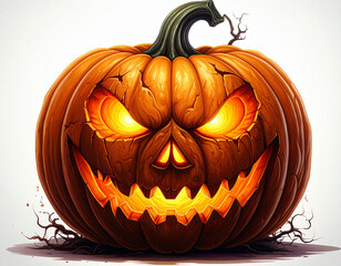 Frightening jack-o&rsquo;-lantern illustration with fiery glowing eyes and carved grin. Perfect for Halloween designs, digital stickers, and spooky themed artwork.