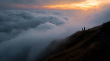 Two hikers walk along a misty mountain ridge silhouetted against a dramatic sunset sky above a sea of clouds