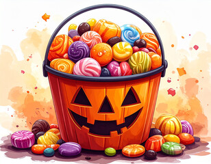Cute Halloween bucket filled with candies, lollipops, and chocolates. Ideal for children&rsquo;s party invitations, Halloween posters, and festive digital artwork.