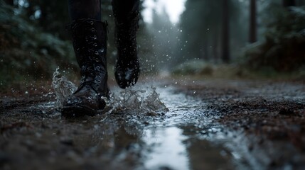 Fototapeta premium Close up of dark sturdy leather boots splashing water through a muddy puddle on a wet forest path on a rainy atmospheric day
