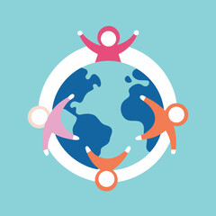 Naklejka premium Belonging theme people circle around globe clean modern vector illustration