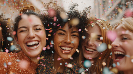 Group of women laughing and celebrating with confetti for International Women's Day  