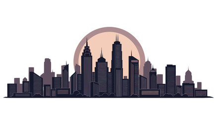 Obraz premium Evening Silhouette: A Detailed Cityscape Under An Illuminated Circular Backdrop