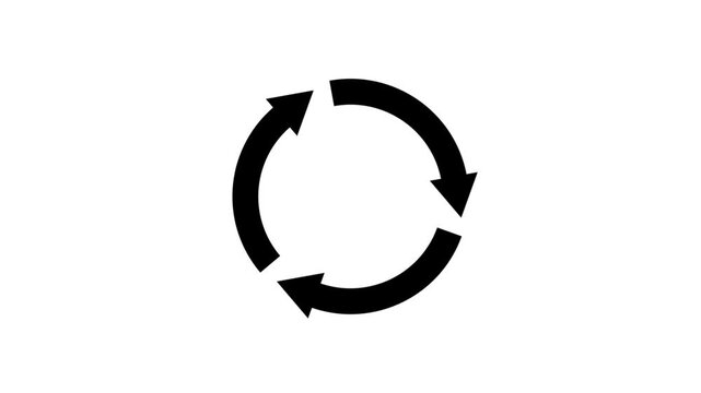 Three rotating arrow circle animation black color on a white background.arrow animated circle loading icon.