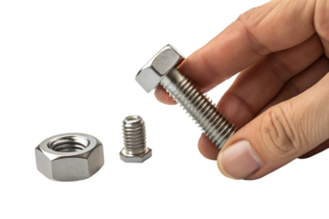 hand holding metal hex head bolt, next to a nut and a smaller bolt, cutout, PNG isolated on a white or transparent background, AI