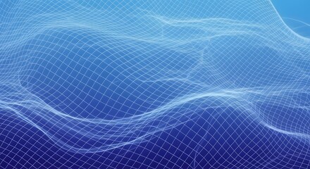 Photo of abstract blue digital wave terrain with a glowing wireframe mesh and flowing lines