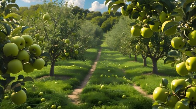 A lush green apple orchard with numerous trees bearing vibrant green apples of varying sizes, some with leaves and slender branches, under a clear blue sky with a few puffy white clouds, the apples ar