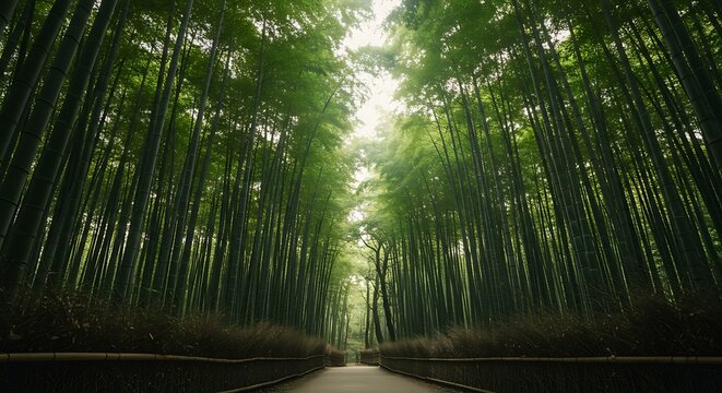 Towering bamboo forest pathway with sunlight filtering through the canopy