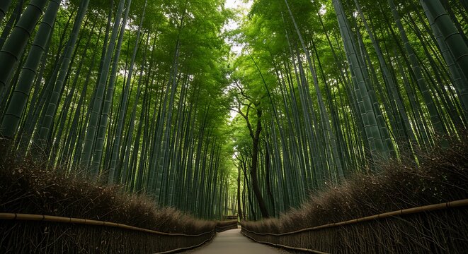 Towering bamboo forest pathway with sunlight and greenery scenery