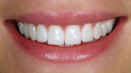 Fototapeta premium A woman's mouth is shown with her teeth showing. The teeth are white and the gums are pink. The woman has a bright, happy smile