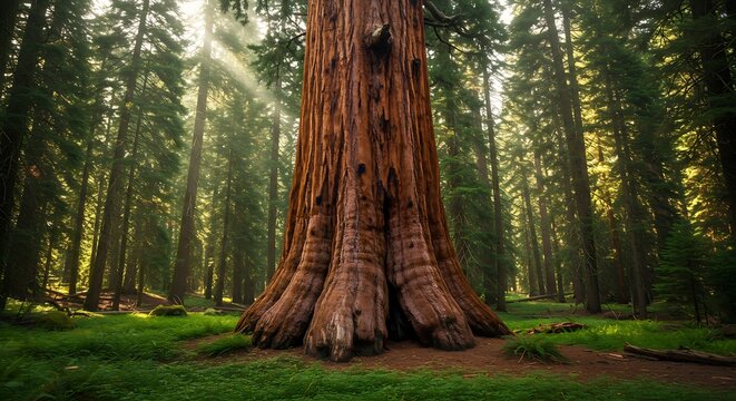 Towering sequoia tree in lush green forest with sunbeams and dense canopy