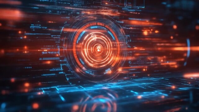 Abstract digital network with glowing concentric circles and data streams