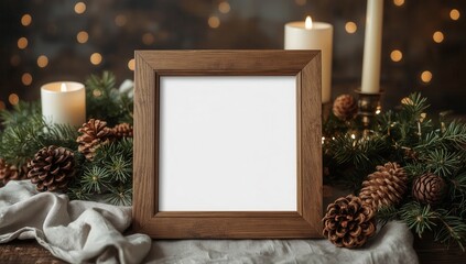 A warm, inviting display with a wooden frame, candles, pine cones, and a festive ambiance.