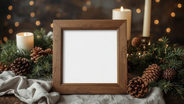 A warm, inviting display with a wooden frame, candles, pine cones, and a festive ambiance.