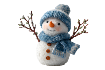 Festive snowman with playful expression in winter attire for holiday decor