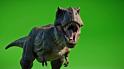A realistic Tyrannosaurus Rex roaring on a green screen. Vertical video of a 3D animated T-Rex dinosaur for chroma key. Prehistoric predator for visual effects - Powered by Adobe