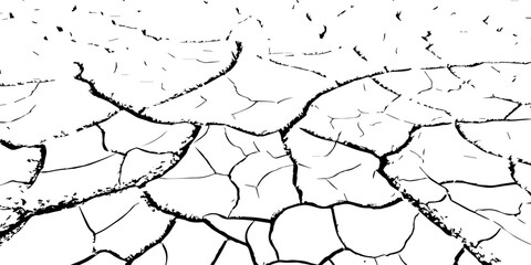 Cracked dry earth texture showing drought and soil erosion. High-contrast black and white cracked ground pattern ideal for backgrounds, climate change, and environmental design projects.