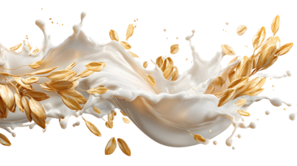 Creamy milk splash with flying golden oats for breakfast concepts and design