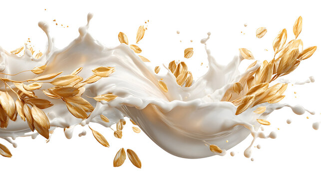 Creamy milk splash with flying golden oats for breakfast concepts and design