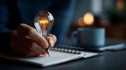 Hand writing creative copy in notebook with glowing lightbulb hologram above text content marketing concept digital storytelling creative writing process coffee cup defocused