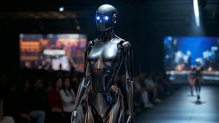 A cinematic, ultra-detailed video of a futuristic robot fashion model with sleek metallic skin and aerodynamic design walking confidently down a high-tech runway.   - Powered by Adobe