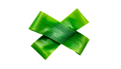 Two crisscrossed vibrant green plant leaves, isolated on a stark black background, macro