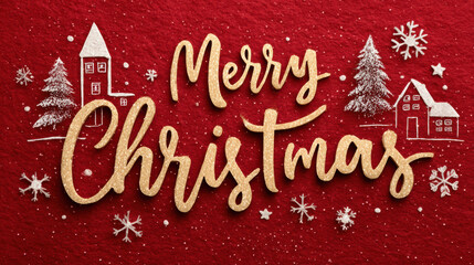Golden glitter Merry Christmas text on a rich red felt background with charming hand-drawn winter village elements, snowy trees, and elegant snowflakes. Festive holiday greeting card.